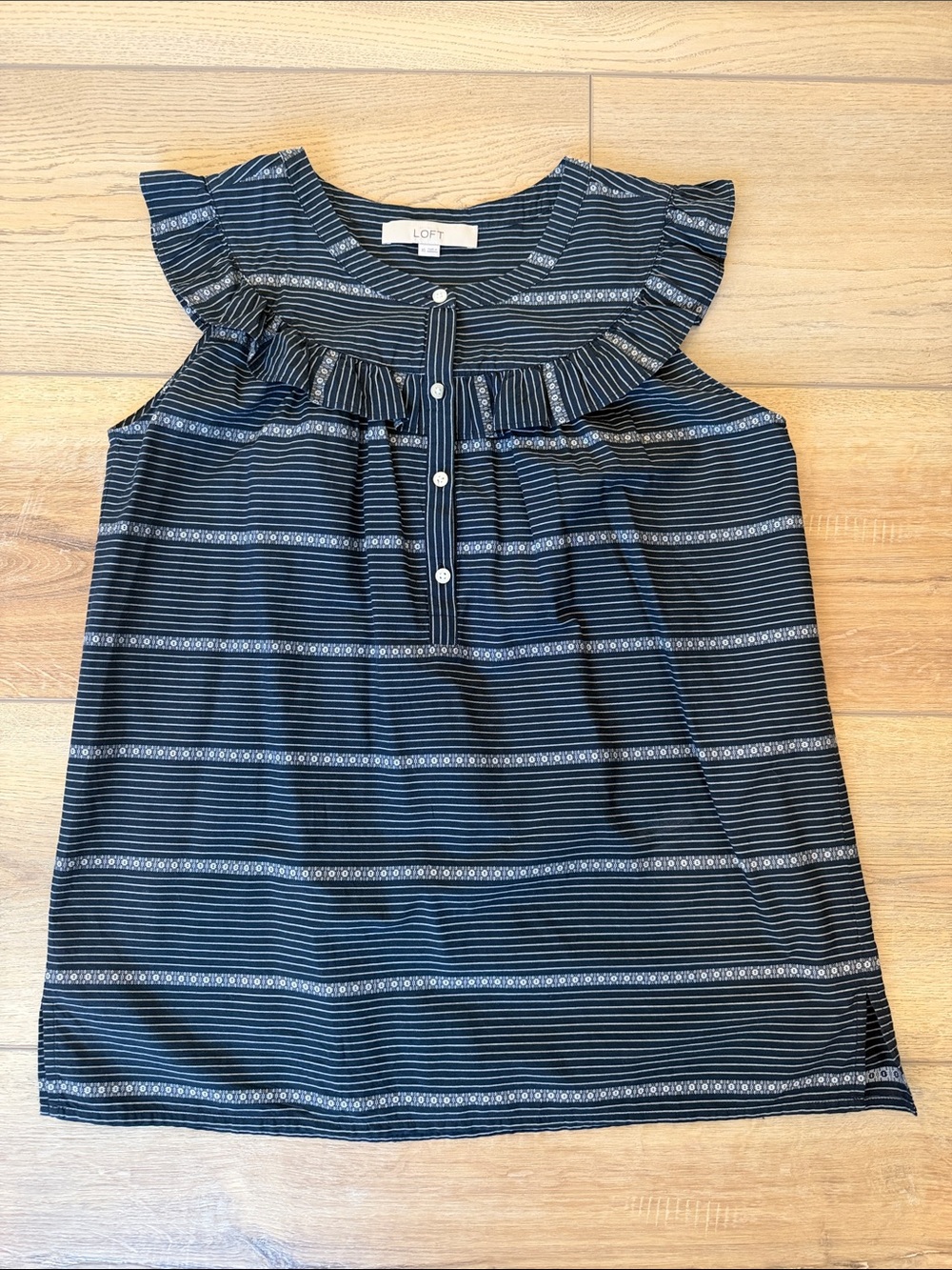 LOFT Navy and White Striped Ruffle Yoke Tank